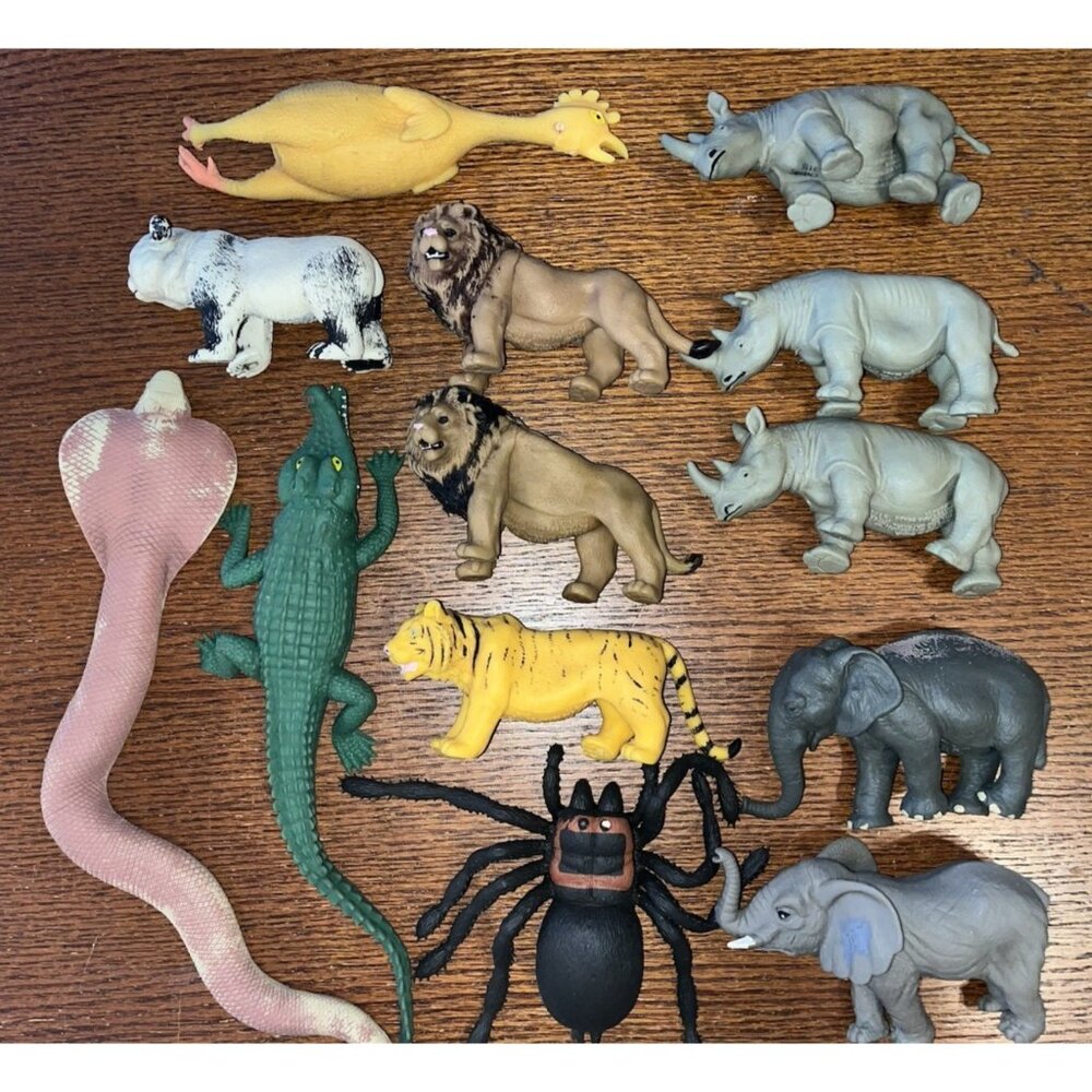 13 Vtg Imperial Rubber Toy Lot Spider Snake Lion Tiger Rhino Elephant Bean Fill+